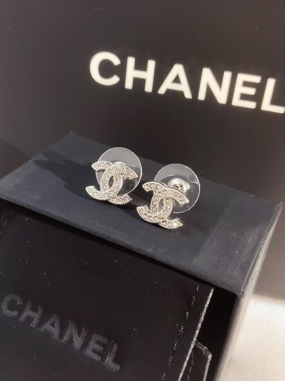 Chanel Classic CC Silver Rhinestone Stud Earrings - Picture 6 of 6
